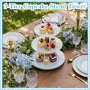 CHENGU 3 Tier Cupcake Stand Blue Ceramic with Gold Frame, 10" 9" 7" Dessert Tower for Baby Shower Birthday Wedding Tea Party, Tiered Cake Holder Display for Cupcakes Pastries Fruits