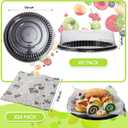 Tessco for you 12 Pack Heavy Duty Repeatedly Plastic Serving Tray with Lid and 24 Pcs Deli Wax Paper Sheets Sets Large Party Platters with Clear Lids Stackable Round Food Serving Trays (Black,16inch)