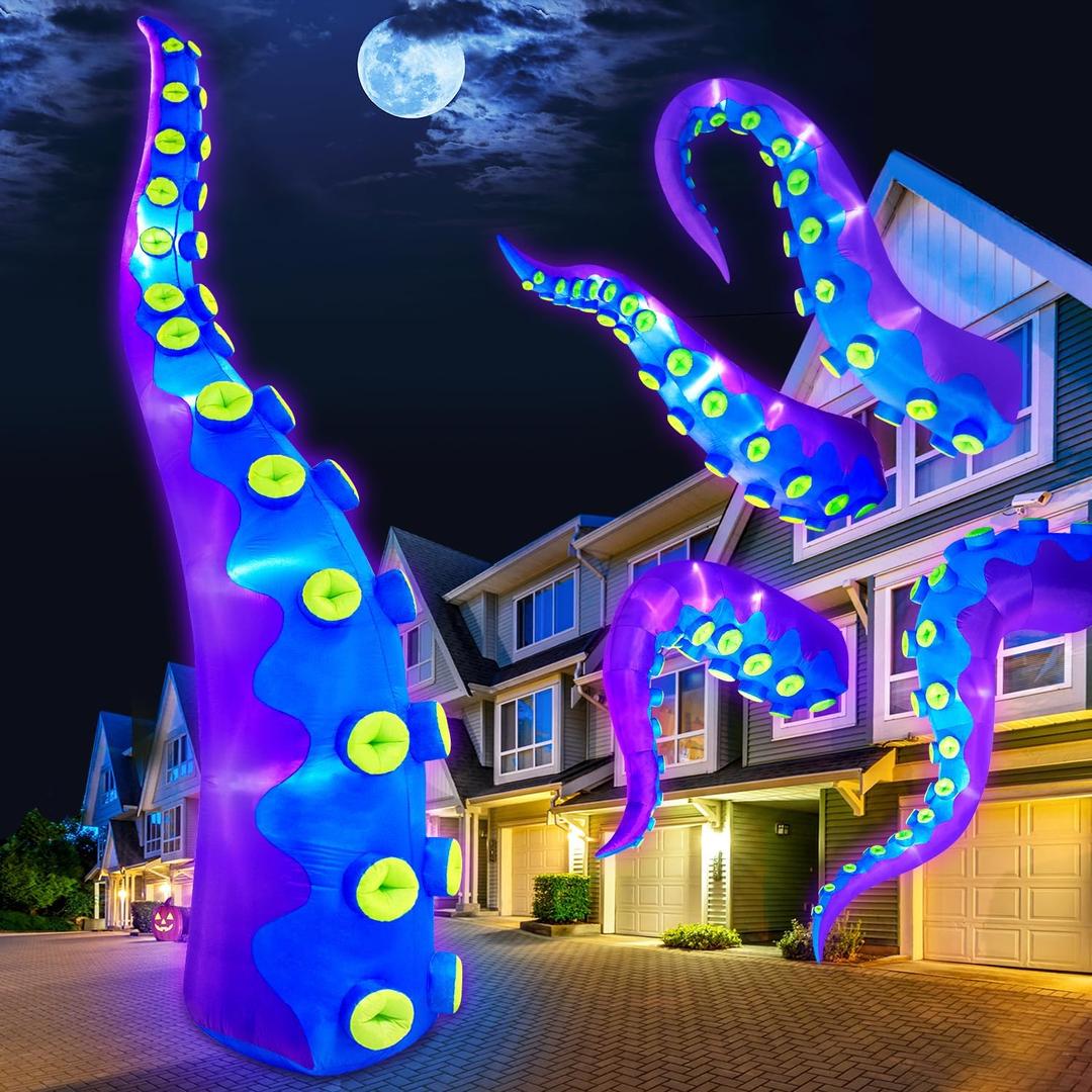 1PC 14FT Giant Halloween Inflatables Octopus Tentacles, Huge Halloween Decorations Outdoor Build-in LED Lights Vivid Spooky Blow Up Yard Decoration Large Blowups Holiday Lawn Party Yard -Style B