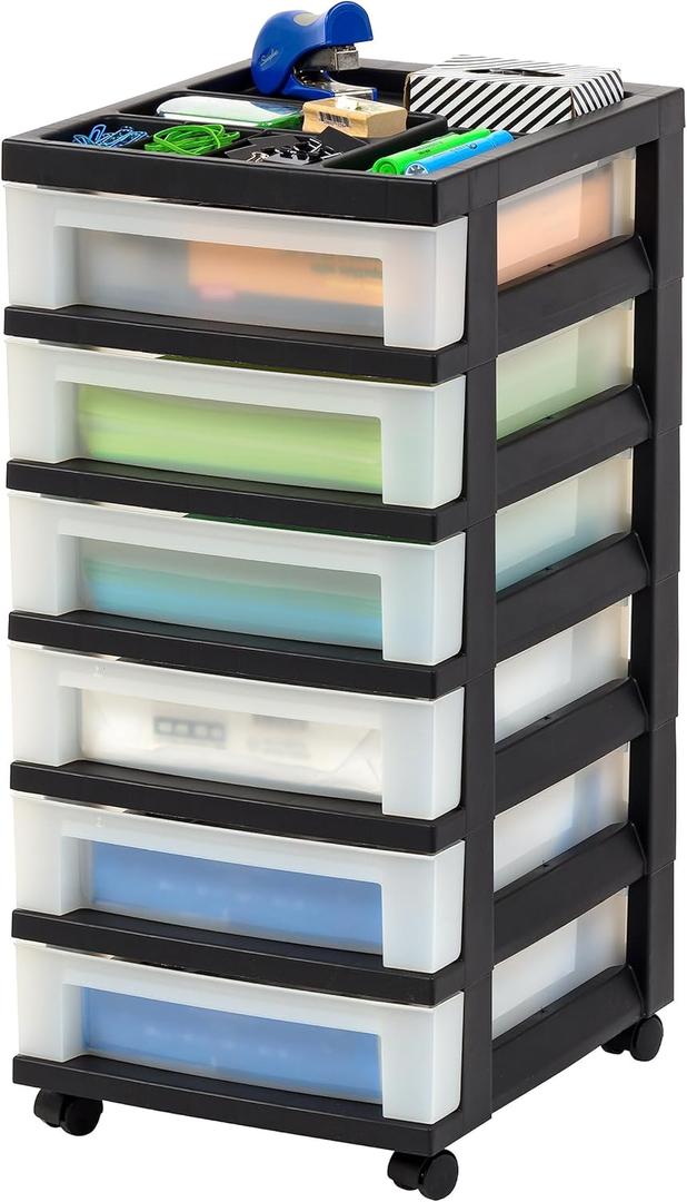 IRIS USA Craft Plastic Organizers and Storage, Rolling Storage Cart for Classroom Supplies, Storage Organizer for Art Supplies, Drawer Top Organizer for Small Parts, 6 Drawer, Black/Pearl IRIS USA Craft Plastic Organizers and Storage, Rolling Storage Cart for Classroom Supplies, Storage Organizer for Art Supplies, Drawer Top Organizer for Small Parts, 6 Drawer, Black/Pearl