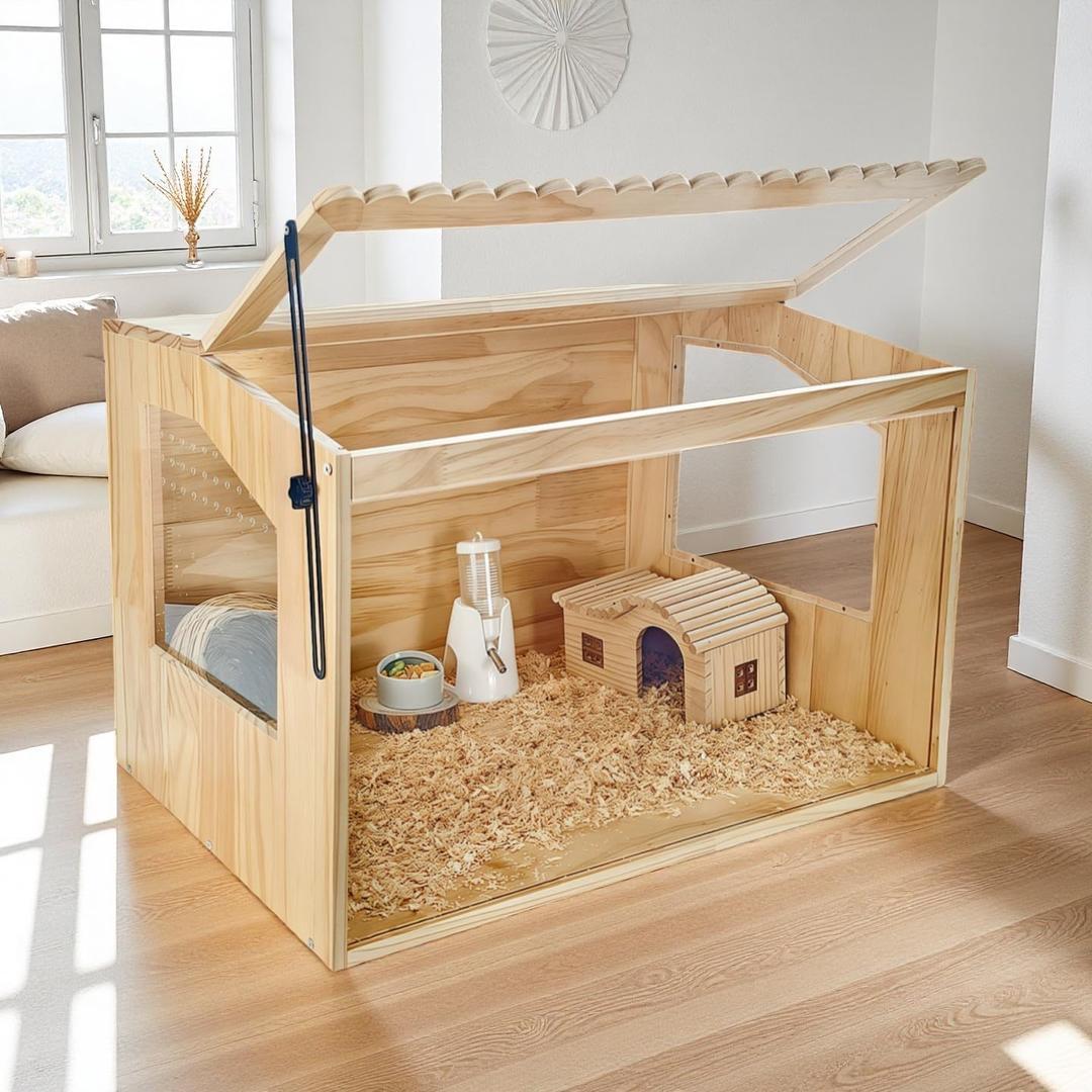 Wooden Hamster Cage, 24" Lx16 Wx16 H,Guinea Pig Cage, Small Animal Cage for Dwarf Syrian Hamsters Degus Mice & Other Small Pets. Hamster Habitat with Openable Top and Large Acrylic Sheets