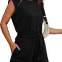 OFEEFAN Rompers for Women Summer Cap Sleeve Adjustable Drawstring Waistband Crewneck Casual Outfits with Pockets (Black, XL)