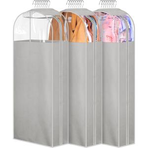 MISSLO 10" Gusseted Garment Bags for Hanging Clothes 50" Long Dress Bags for Closet Storage Dress Cover for Suits, Coats, 3 Packs, Grey