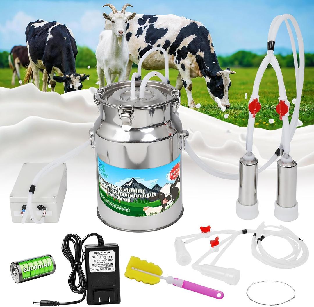 2-in-1 Upgrade 2.6Gal/10L Portable Electric Milker, Milking Machine for Cows and Goats with Food-Grade Stainless Steel Bucket, 4 Teat Cups and Pulsation Vacuum System for Farm,Ranch and Home Dairy Use