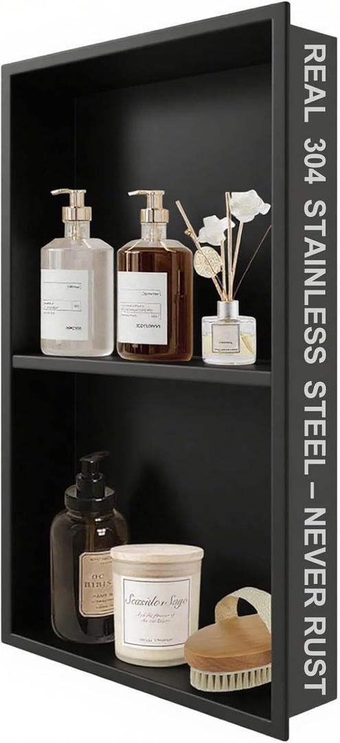 304 Stainless Steel Shower Niche Insert-24 x 12" No Tile Needed Bathroom Niche for Shower Wall-Double Shelves Built in Shower Shelf-Waterproof Recessed Cabinet for Bathroom Living Room Study Kitchen