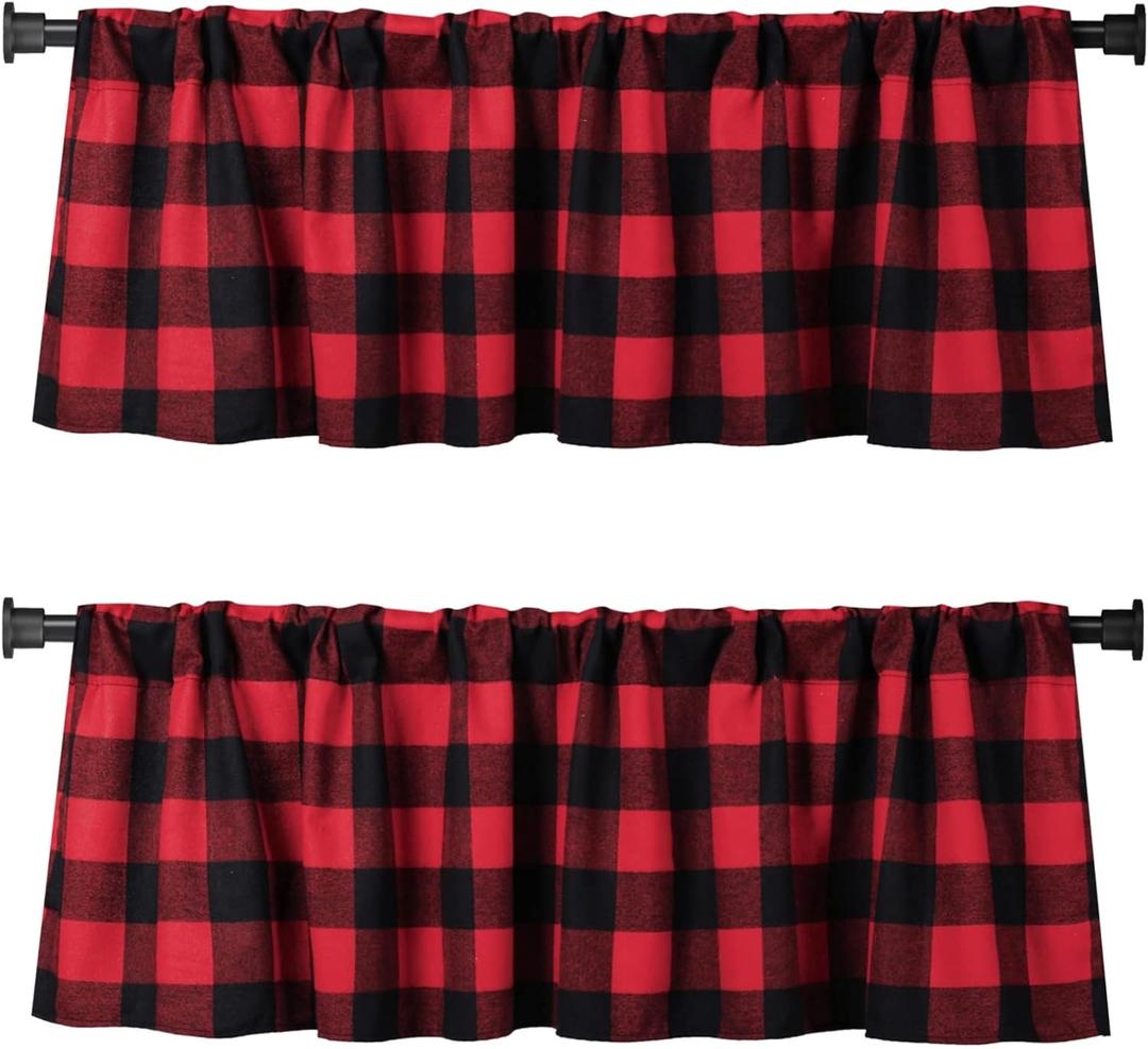 Jola's House 2 Pack Buffalo Check Plaid Window Valances Red and Black Light Filtering Farmhouse Design Window Curtains Decor Treatment Rod Pocket Drapes for Kitchen/Living Room 56" x 16"