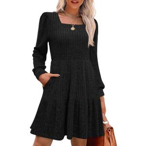 MixShe Women's Fall Dresses 2025 Square Neck Long Sleeve Winter Dress (Medium, Black)