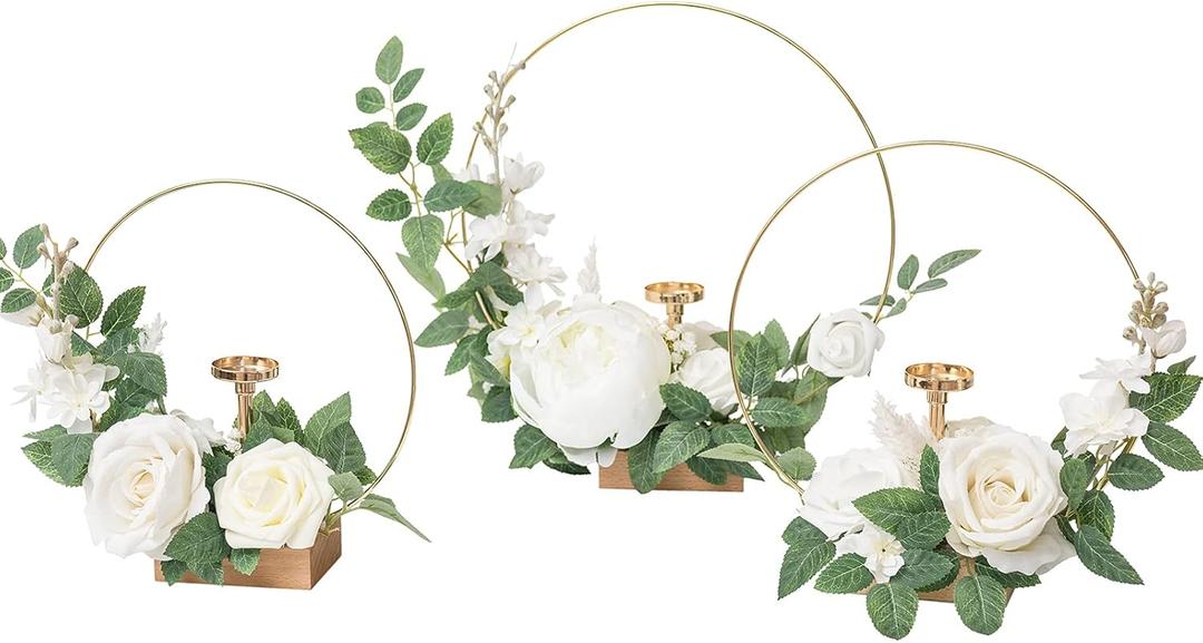 Ling's Moment Candle Holder Hoop Wreath Floral Centerpieces for Sweetheart Table, Head Table, Ceremony Reception Artificial Flowers Decorations (Set of 3, White)