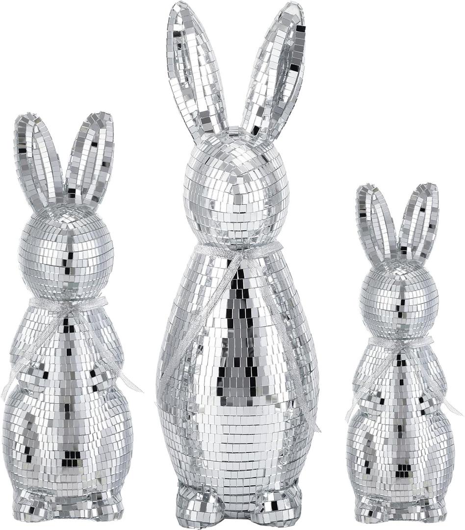 Bucherry 3 Pcs Large Easter Bunny Disco Ball Decoration 16" 13" 10" Shiny Reflective Mirror Ornament Sparkling Easter Bunny Figures Holiday Spring Party Decor