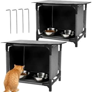 Waterproof Cat House for Outdoor Cat Feeding Station Weatherproof Outdoor Kitty Dining Room Cat Shelter for Stray, Feral Cats and Community Cats, 2 PCSNo Bowl