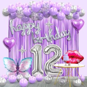12th Birthday Decorations for Girls -Lavender Purple Silver Butterfly Happy 12 Years old Birthday Decor Set with Banner, Number 12 Balloons, Balloon Arch Kit