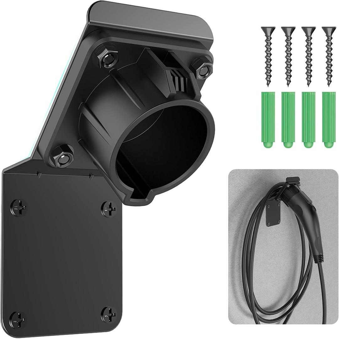 EV Charger Holder for SAE J1772 - Heavy Duty Wall Mount Bracket with Cable Organizer, Universal J1772 Plug Holder for Electric Vehicle Charging Stations, Garage, Parking Lot (Includes Screws)