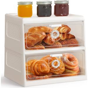 Extra Large Bread Box for Kitchen Countertop, Double Layer Bread Storage for Homemade Bread Container with Transparent Window Bread Boxes White
