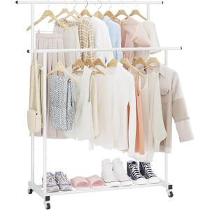 Calmootey Double Rod Clothing Garment Rack,Rolling Hanging Clothes Rack,Portable Clothes Organizer for Bedroom,Living Room,Clothing Store,White