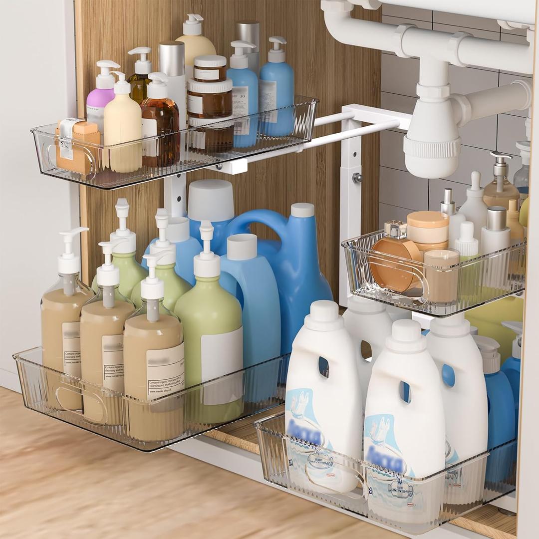ETOYA 2 Pack Under Sink Organizer Kitchen, 2-Tier Pull Out Cabinet Organizer, L-Shaped Adjustable Height, Acrylic Under Sink Storage Shelf for Kitchen, Bathroom Vanity & Utility Closet (white)