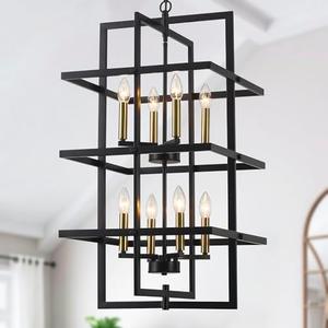 Pavloatu 33.46" Large Black Chandelier for High Ceilings Tiered Pendant Light Fixtures Rectangular Farmhouse Chandelier for Foyer Entryway Staircase Living Room Kitchen Island 8 Lights