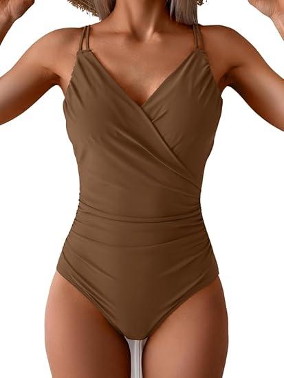B2prity One Piece Swimsuits for Women Adjustable Double Strap V Neck Bathing Suit Slimming Tummy Control Swimwear Brown XL