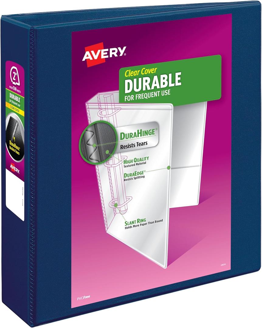 Avery Durable View 3 Ring Binder, 2 Inch Slant Rings, 530-Sheet Capacity, DuraHinge, 2.8 Inch Wide Spine, Customizable Clear Covers and Spine, 1 Dark Blue Binder (17034)