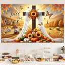 Fall Thanksgiving Backdrop Banner Fall for Jesus Theme Outdoor Decorations 71x43 Inchs Sunflower Pumpkins Backdrop Cross He Never Leaves Banner Party Supplies Yard Decor