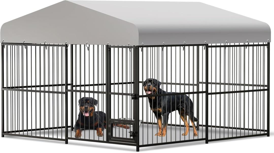 Large Outdoor Dog Kennel, Heavy Duty Dog Cage with Roof, Dog Kennel Galvanized Iron Dog House with Safety Locks,UV & Water Resistant Proof Cover, for Garden Backyard Black (10x10x6FT)