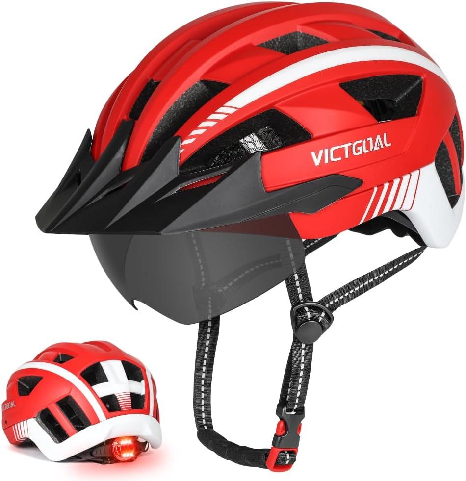 Bike Helmet for Men with M/L/XL Sizes, Magnetic Goggles, Removable Visor | PC Outer Shell, EPS Foam, 2-IN-1 Function of Rear Light with Size Regulator, for Adult Men Women Mountain Road Cycling, L: 57-61 cm, Red