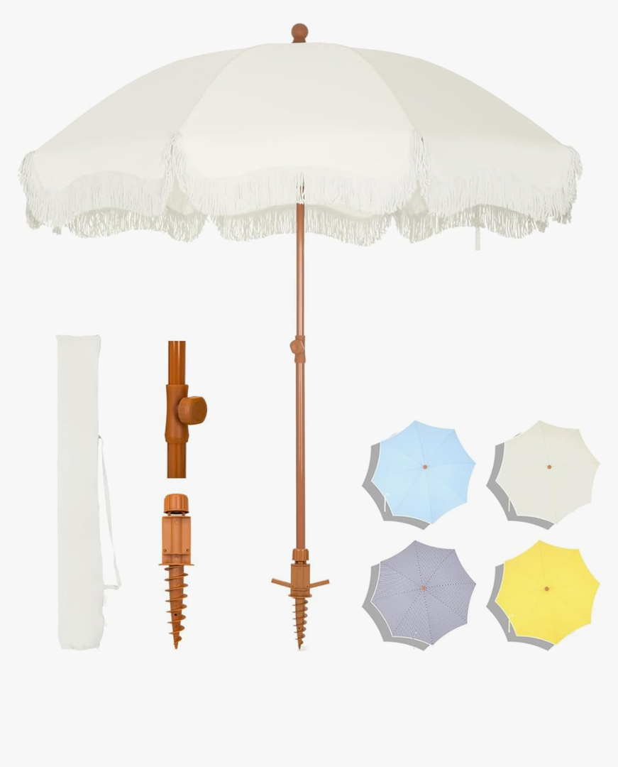MFSTUDIO 7ft Patio Beach Umbrella with Fringe, Tassel Umbrellas with Sand Anchor & Tilt Button, Holiday Outdoor Umbrella with Carry Bag