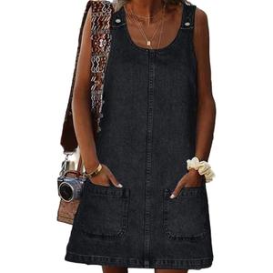 Women's Denim Dress Sleeveless Casual Crewneck Vintage Overall Dress Jean Mini Dresses with Pockets Black (Black, S)