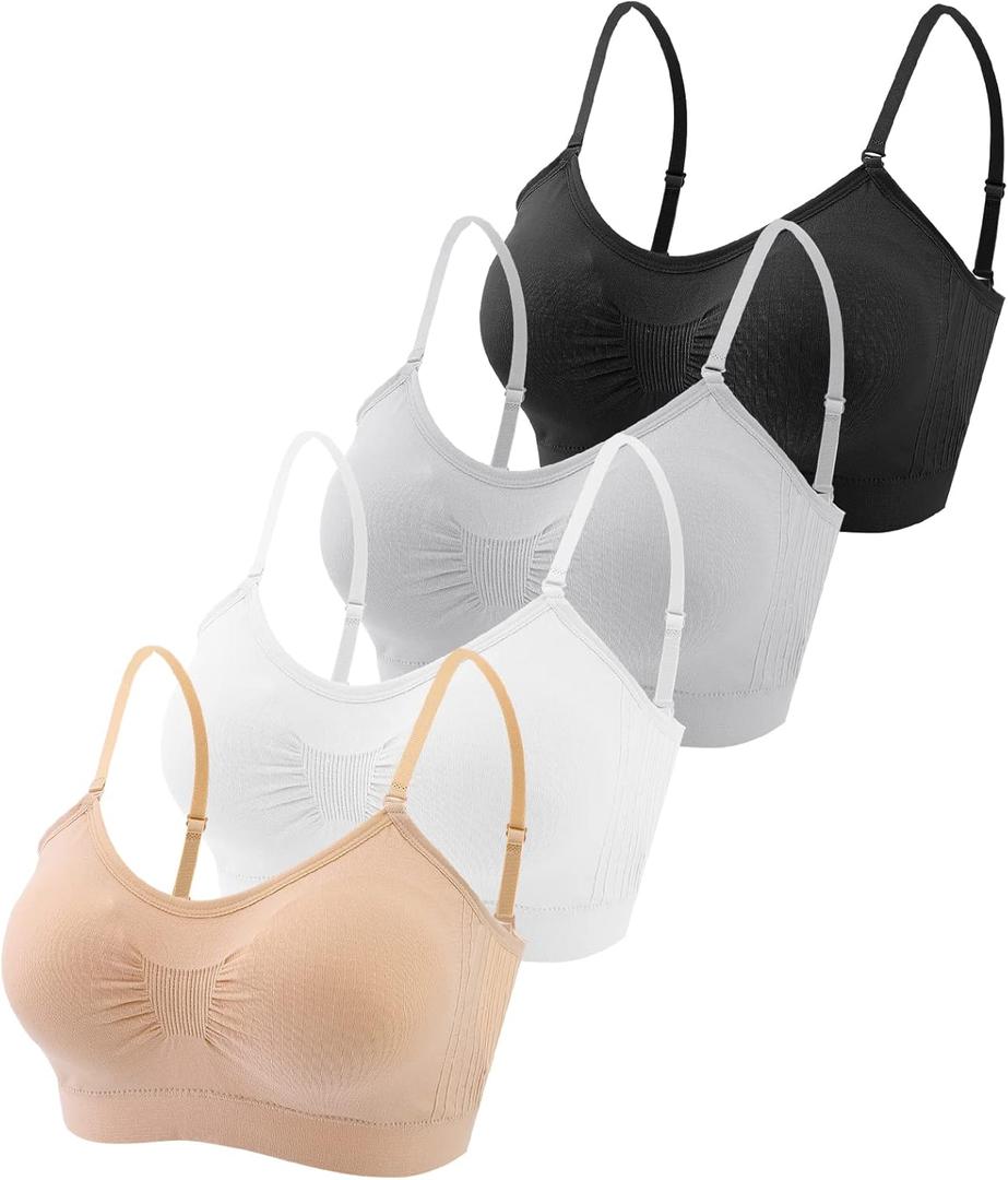 Omisy 4 Pieces V Neck Padded Bralette Cami Bra Wireless Tank Top Sports Bra with Adjustable Straps (Large, Black, White, Nude, Grey)