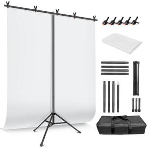 White Backdrop with Stand for Photoshoot, 5X6.5ft White Photo Backdrop with T Shape Background Backdrop Stand for Photography, Portable Photo Backdrop Curtain Stand Kit w Carrying Bag 5 Spring Clamps