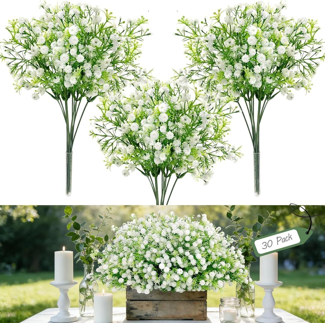 30Pcs Babys Breath Artificial Flowers Bulk, White Real Touch Faux Baby Breath Flowers Artificial, Fake Gypsophila for Vase Wedding Bouquet Arrangements Party Garden Home Decor