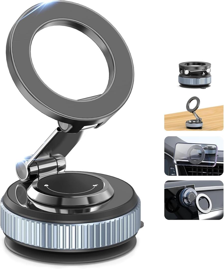 Vacuum Magnetic Car Phone Holder Stand,360 Adjustable Car Phone Mount for Magsafe with Suction Cup & Swivel Lock,Foldable Phone Holders for Your Car,Cell Phone Car Mount for iPhone & Android