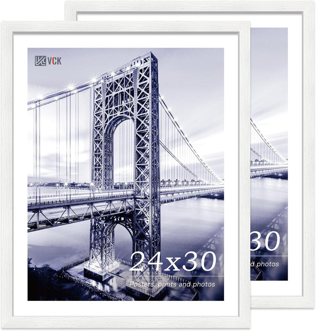 VCK 24x30 Poster Frame Set of 2 - White, Textured Exclusive Solid Wood Picture Frames with Polished Plexiglass, Wall Hanging