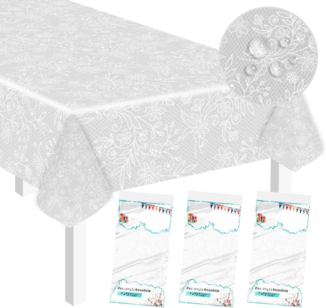 SietDESEO 3 Pack Plastic Lace Tablecloths for Rectangle Tables, 54 x 108 inches, Waterproof Disposable Table Covers for Wedding, Party, Birthday, Camping, White, 10 Seating Capacity