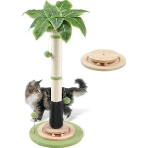 39.4'' Tall Cat Scratching Post,3.5 Inch Wide Sisal Rope Scratching Post for Indoor Adults Kittens,Cat Scratcher with Stable Solid Wood Base Interactive Ball Toys Self Groomer Brush for Large Cats