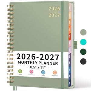 RETTACY 2026-2027 Monthly Planner, Jan 2026 - Dec 2027, Large Size (8.5" x 11"), Agenda, Calendar, 24 Month Tabs, Flexible Plastic Cover, 100 GSM Thick Paper, Spiral-bound (Light Green)