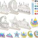 Colingmill 24 Sets Eid Mubarak Crafts Color Your Own Wooden Ramadan Table Decorations DIY Moon Star Lamp Wood Tabletop Decor Ramadan Wood Plaque Crafts for Eid Mubarak Party Supplies