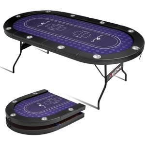 REAHOISY Poker Table Foldable, Casino Leisure Gamimg Table for 8/10 Player, Folding Texas Holdem Blackjack Table with Padded Rails & Cup Holders for Home Game Room, 84 Inch