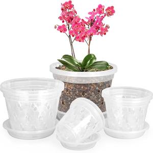 Orchid Pot,3 4 5 6 Inch 8 Pack Orchid Pots with Holes and Saucers,Clear Plastic Flower Plant Pot for Indoor Outdoor Plants,Slotted Orchids Planter(3 4 5 6Inch)