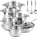 Stainless Steel Cookware Set - 15 Pieces Pots and Pans Nonstick Pot and Pan Set Includes 1 Frying Pans, 5 Pots, 6 Lids and 3 Utensils, with Stay Cooling Handle, Induction & Oven Safe