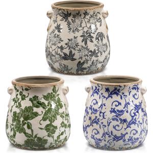 3 Pcs Ceramic Pots for Plants - 6.3 in Vintage Scroll Plant Pots with Drainage Hole Crackle Glaze Ceramic Planters for Home, Garden, Kitchen