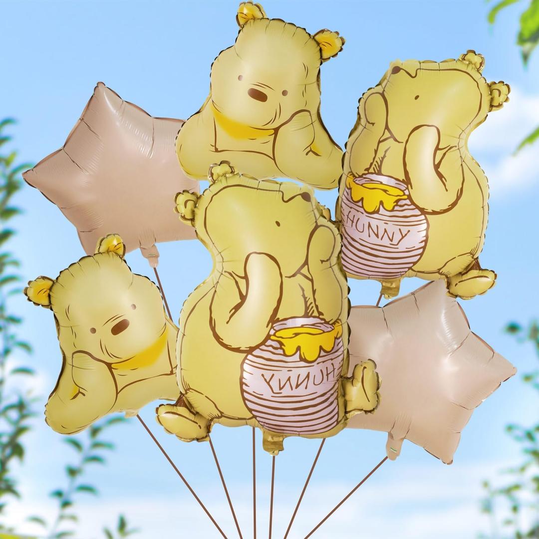6Pcs Winnie Balloon Set  3D Foil Pooh Bear Balloons for Winnie Baby Shower & Birthday Decorations, Vintage Classic Party Decor