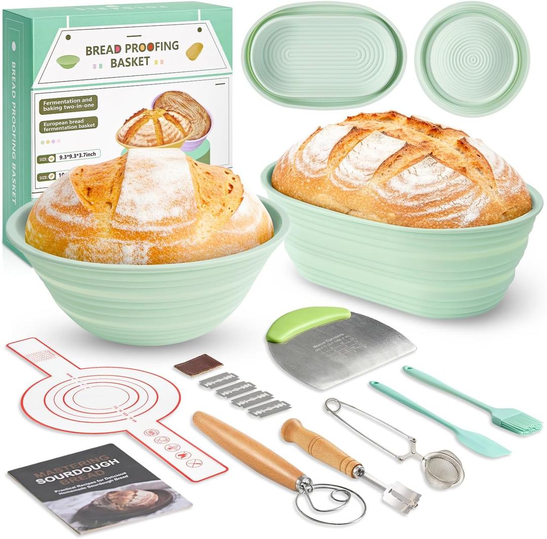 Silicone Sourdough Breads Baking Supplies, Sourdough Starter Kit, Banneton Bread Proofing Basket Set with 9" Round & 10" val, Artisan Bread Baking Tools, Silicone Bread Sling (Green)