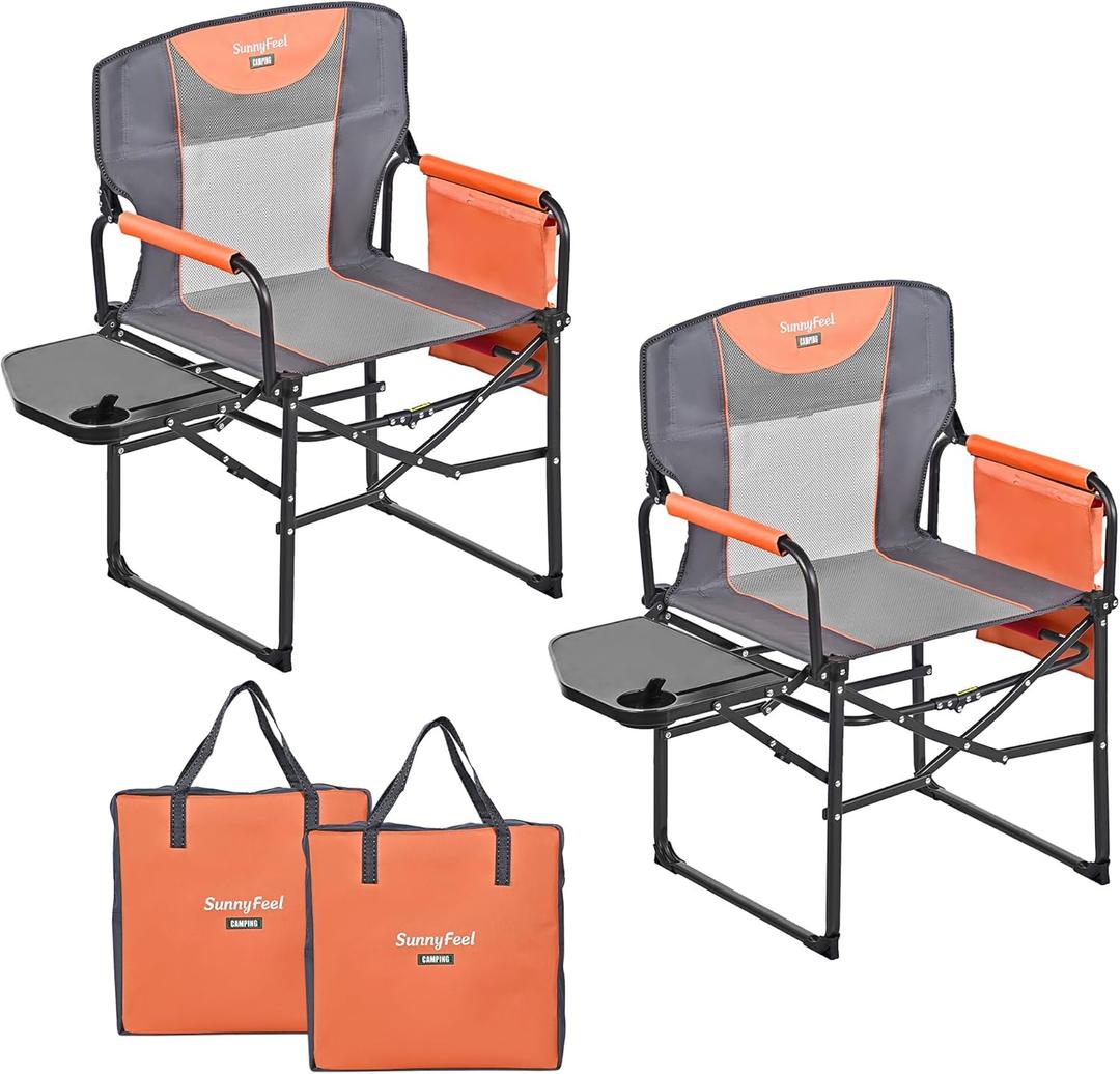 SUNNYFEEL Camping Directors Chair, Heavy Duty,Oversized Portable Folding Chair with Side Table, Pocket for Beach, Fishing,Trip,Picnic,Lawn,Concert Outdoor Foldable Camp Chairs (Orange-2set)