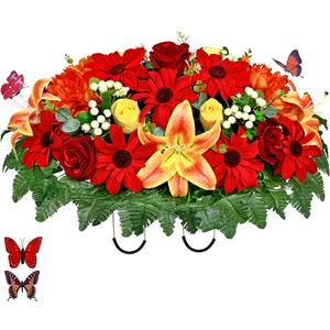 Handmade Headstone Flower Saddle - Artificial Cemetery Flowers for Grave Decoration-Funeral/Memorial/Graveside Flowers of Rose Sunflower Lily Berry,Non-Bleed Color