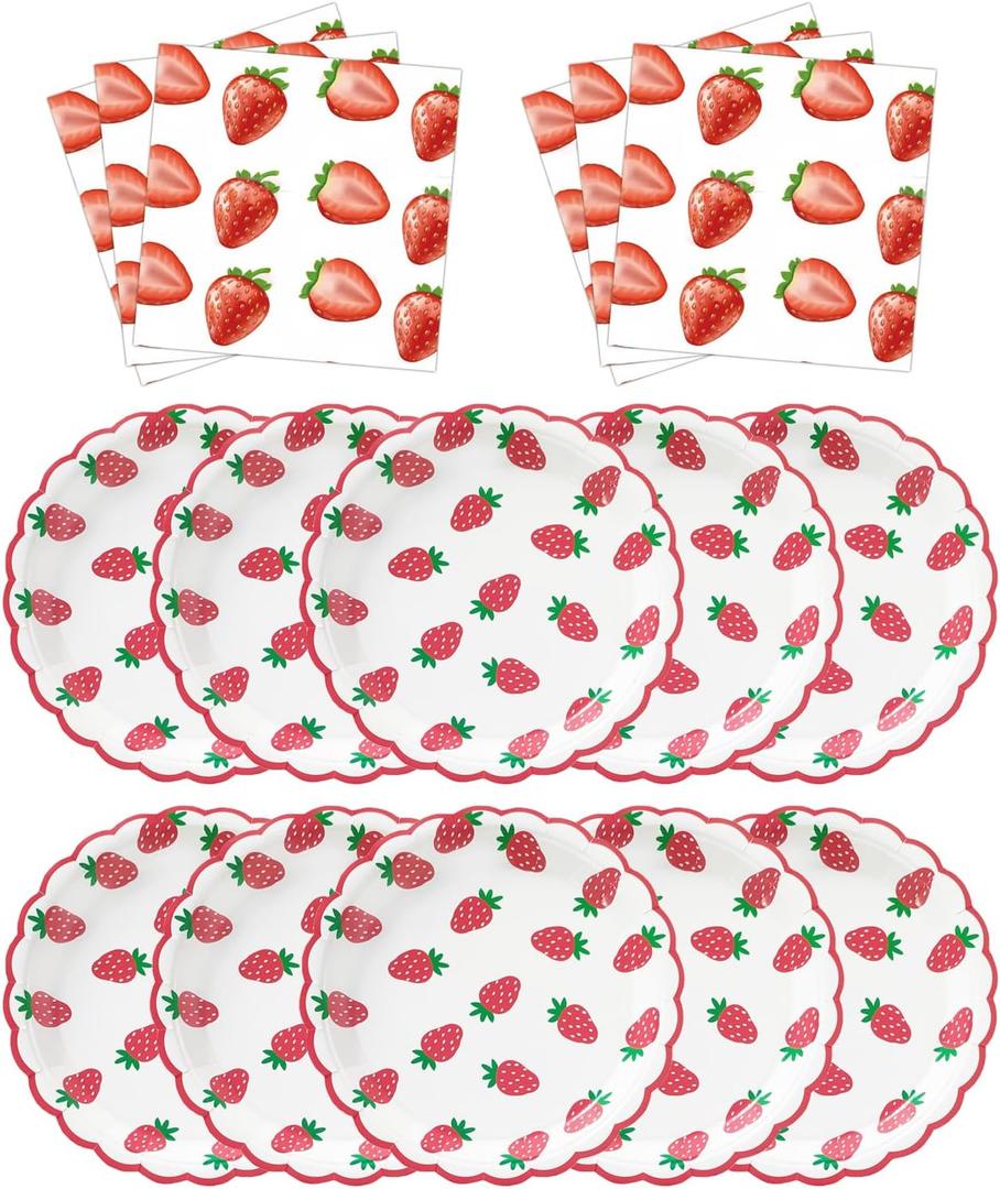 MaitianGuyou 80PCS Strawberry Party Tableware Set - 7 Inch Disposable Paper Plates and Napkins for Summer Fruit Birthday Supplies Baby Shower 1st Birthday Kids Party Decorations