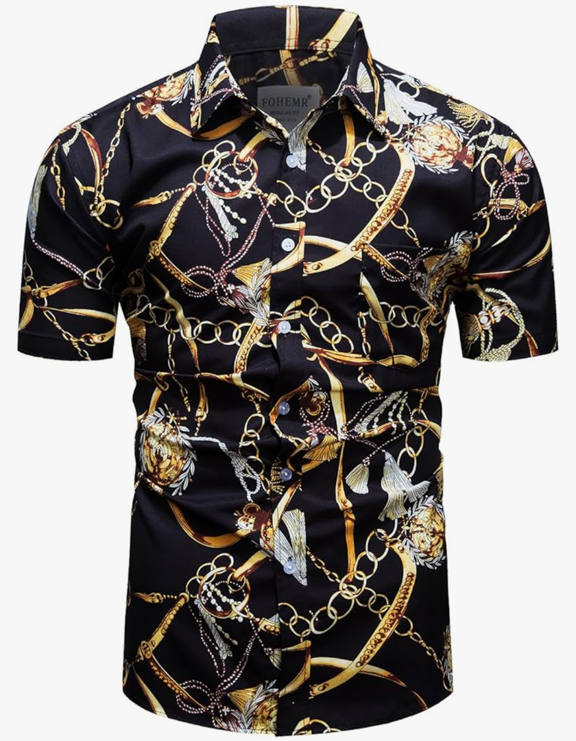 fohemr Mens Black Gold Dress Shirts Luxury Short Sleeve Chain Print Shirt Baroque Casual Button Down Design Buchona Shirts, Size XXL