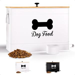 Dog Food Container Airtight 15 lb (50 Cup) Capacity with Metal Scoop - Cute Airtight Dog Food Storage Container with Bamboo Lid - White Metal Kibble Storage Bin for Dogs up to 100 lbs - Big Pet Jar