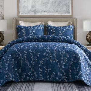 Exclusivo Mezcla Reversible Boho Quilts Queen Size, Navy Bedspreads Lightweight Coverlet All Season Flowers Quilt Bedding Set with Printed Floral Pattern (1 Quilt, 2 Pillow Shams) Queen (92"x96"), Floral Navy