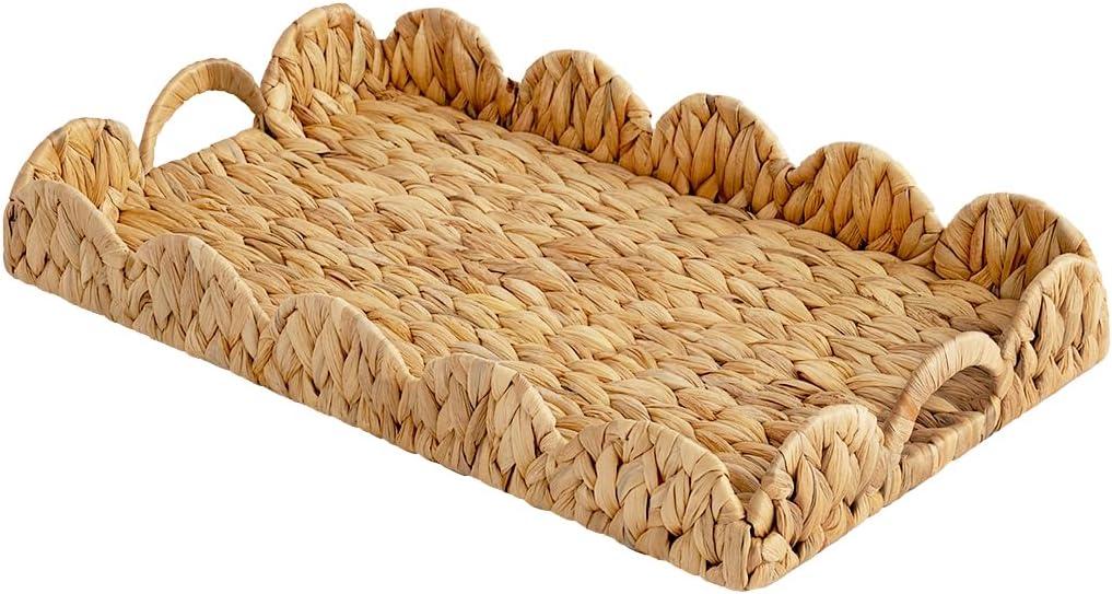 StorageWorks Large Wicker Scalloped Edge Serving Tray, Rectangle Tray with Built-in Handles, Hand-Woven Scalloped Rattan Tray, Wicker Trays for Dcor, Natural Water Hyacinth (19.8" x 11.8" x 2.8")