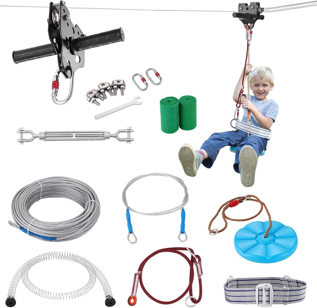 VEVOR Zip line Kits for Backyard80ft Zip line Kit for Kids and Adult Up to 330 lb, Included Swing Seat, Ziplines Brake, and Steel Trolley, Outdoor Playground Equipment